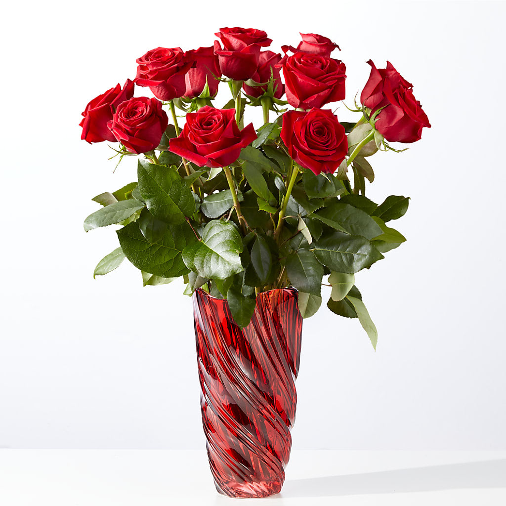 Classic Love Red Rose Bouquet with Luxe Swirl Vase – Moda Flowers, Guaynabo PR